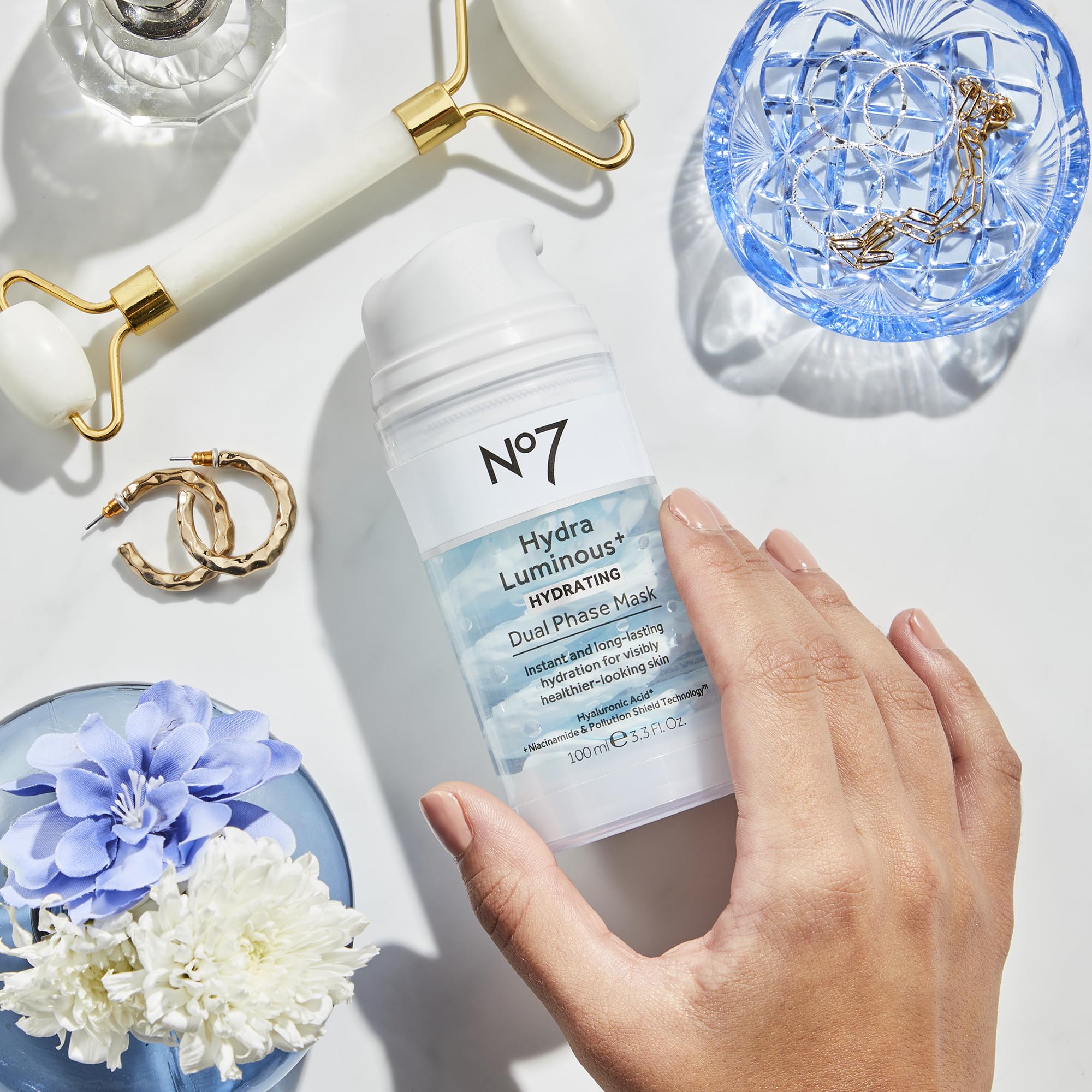 No7 HydraLuminous+ packaging on shelf signaling premium yet affordable skincare