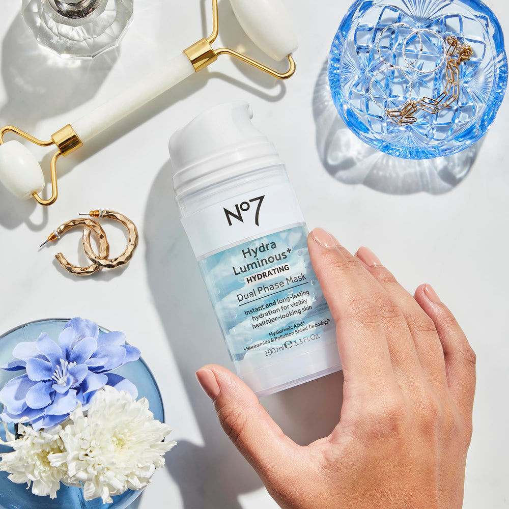 No7 HydraLuminous+ packaging on shelf signaling premium yet affordable skincare