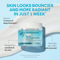 No7 HydraLuminous+ gel texture close-up shows smooth, dewy finish.