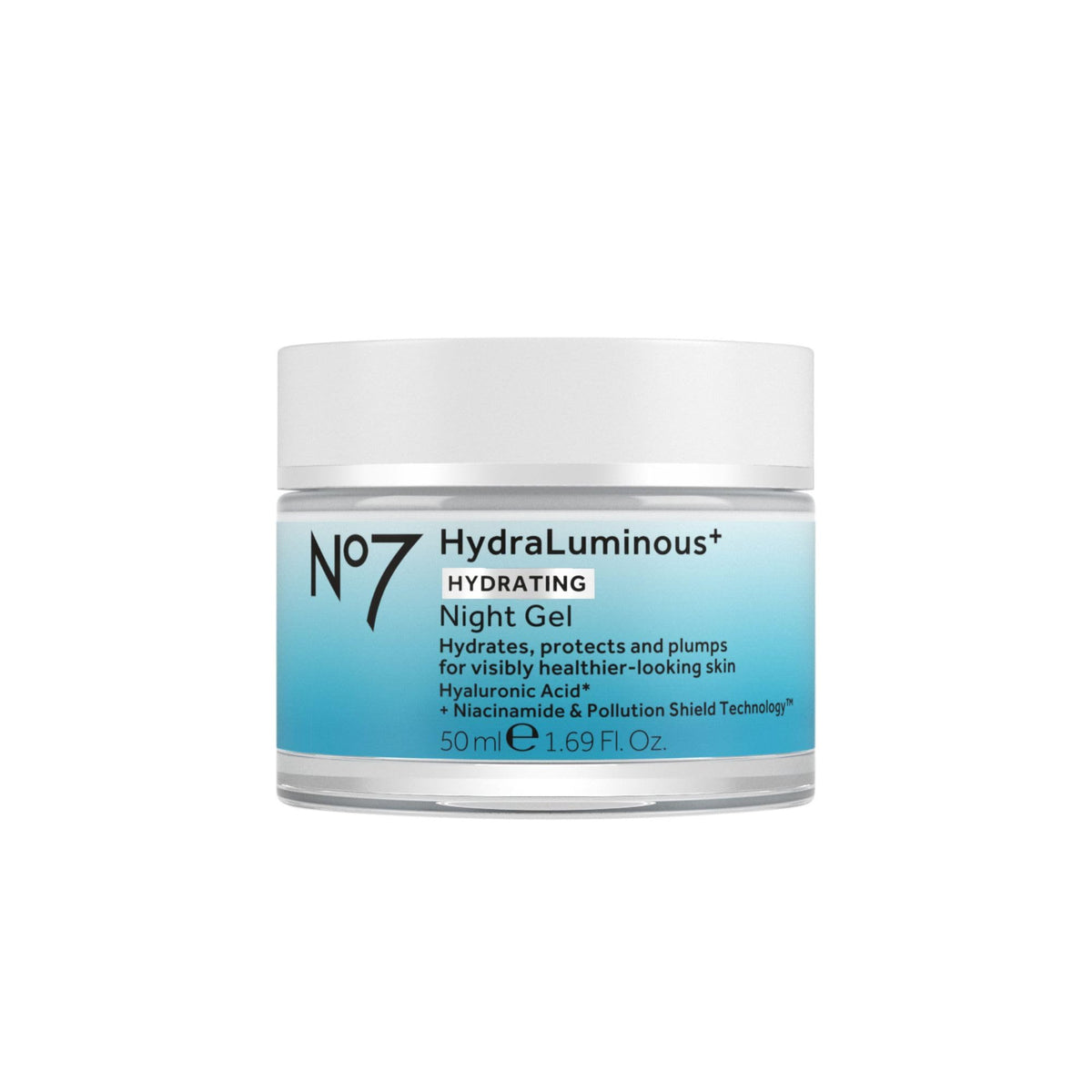 No7 HydraLuminous+ night gel bottle delivering deep overnight hydration.