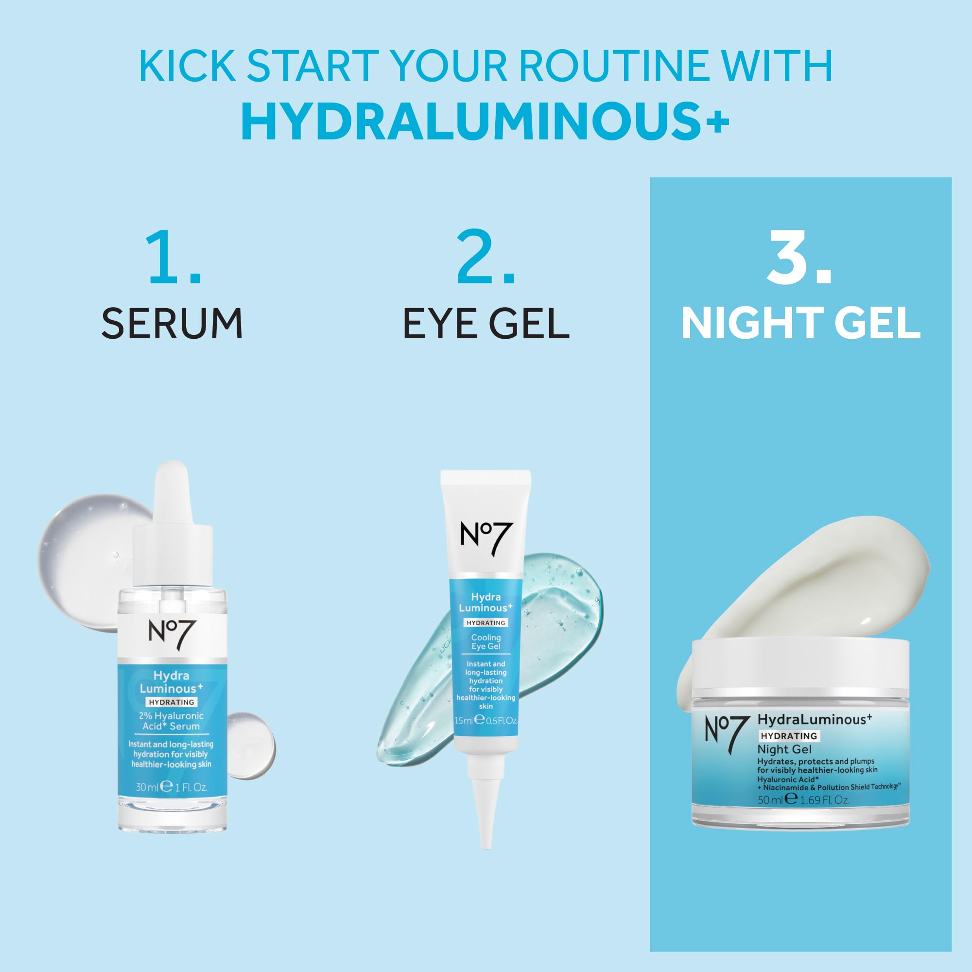 No7 HydraLuminous+ packaging displayed for an evening skincare routine.