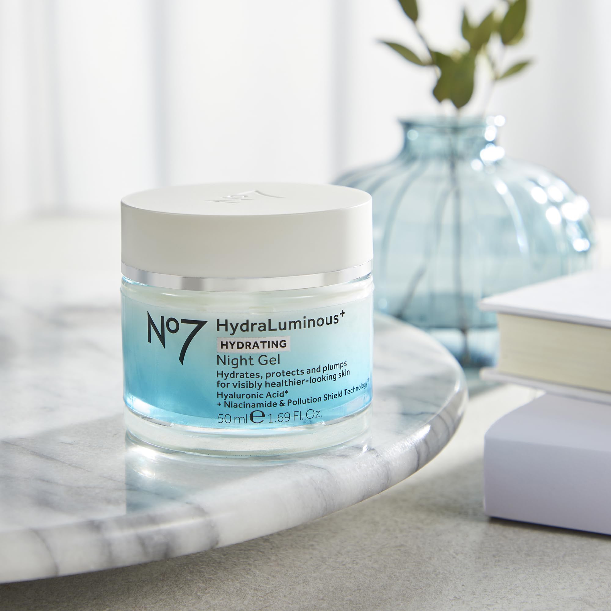 No7 HydraLuminous+ night gel pump highlights convenient dispensing.