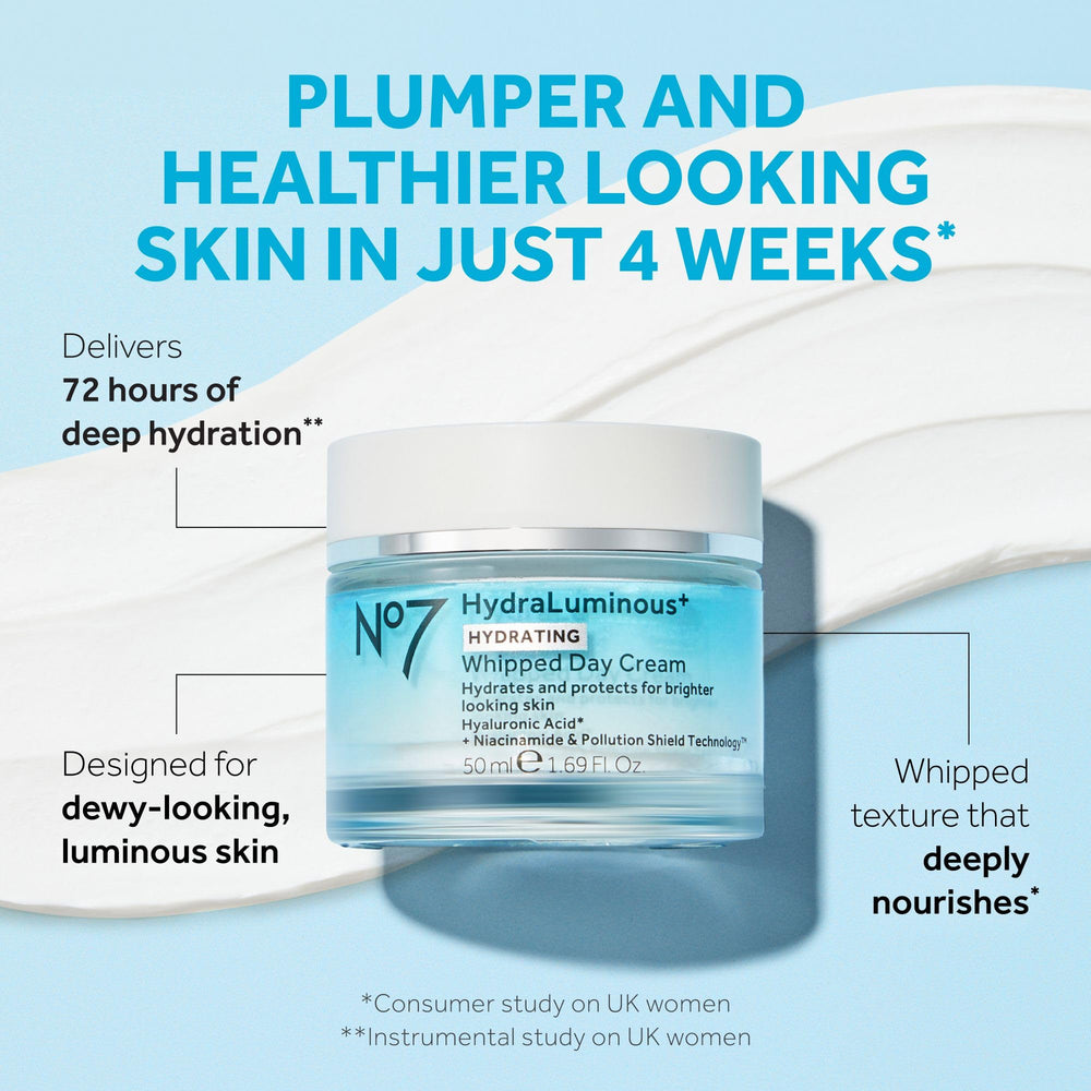 No7 HydraLuminous+ cream texture swirl for fast absorption.