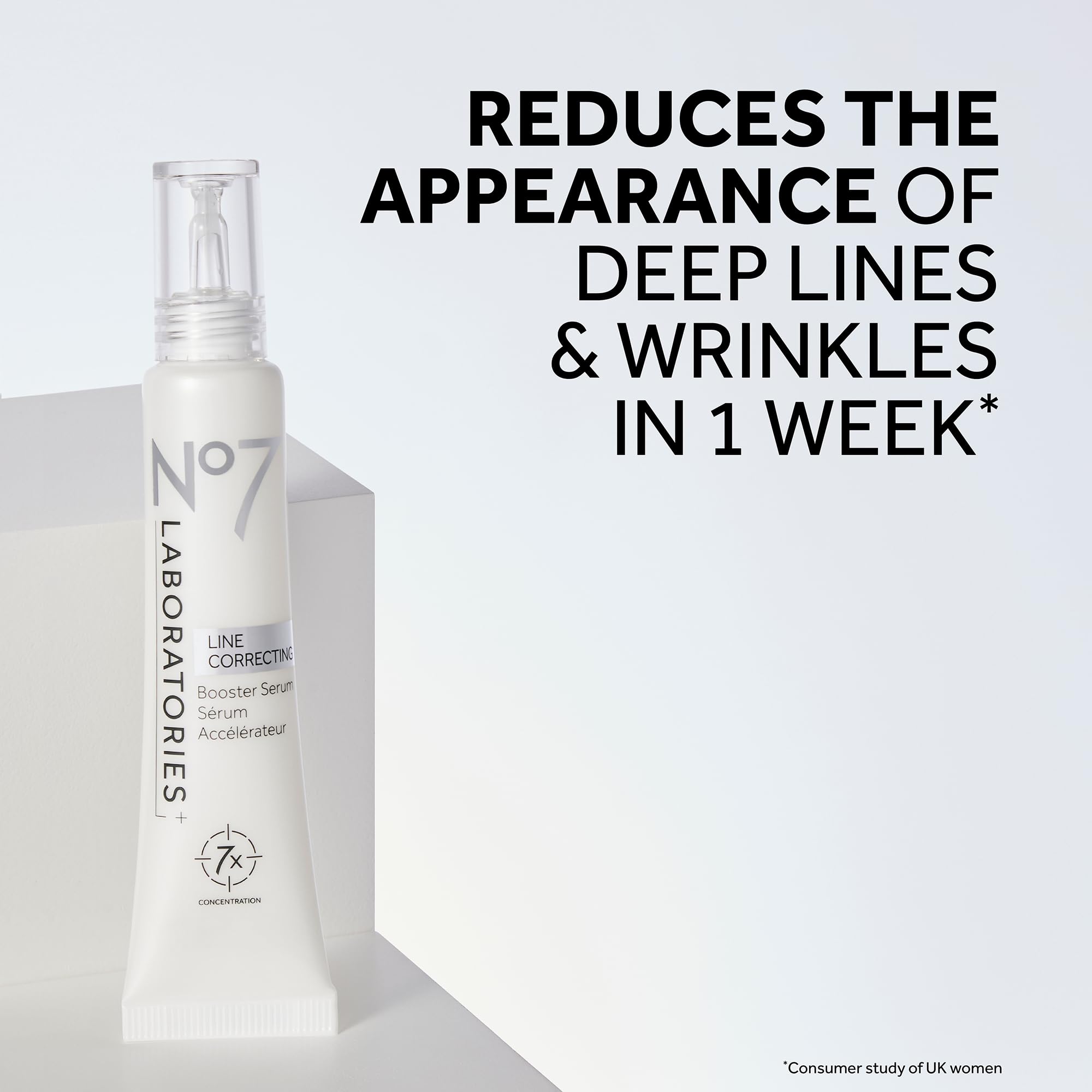 No7 booster serum dropper shown for precise line treatment and wrinkle focus.