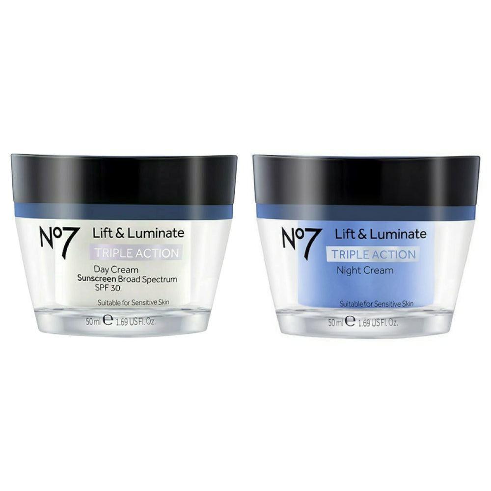 No7 Lift and Luminate day bottle with SPF 30 for daytime hydration.