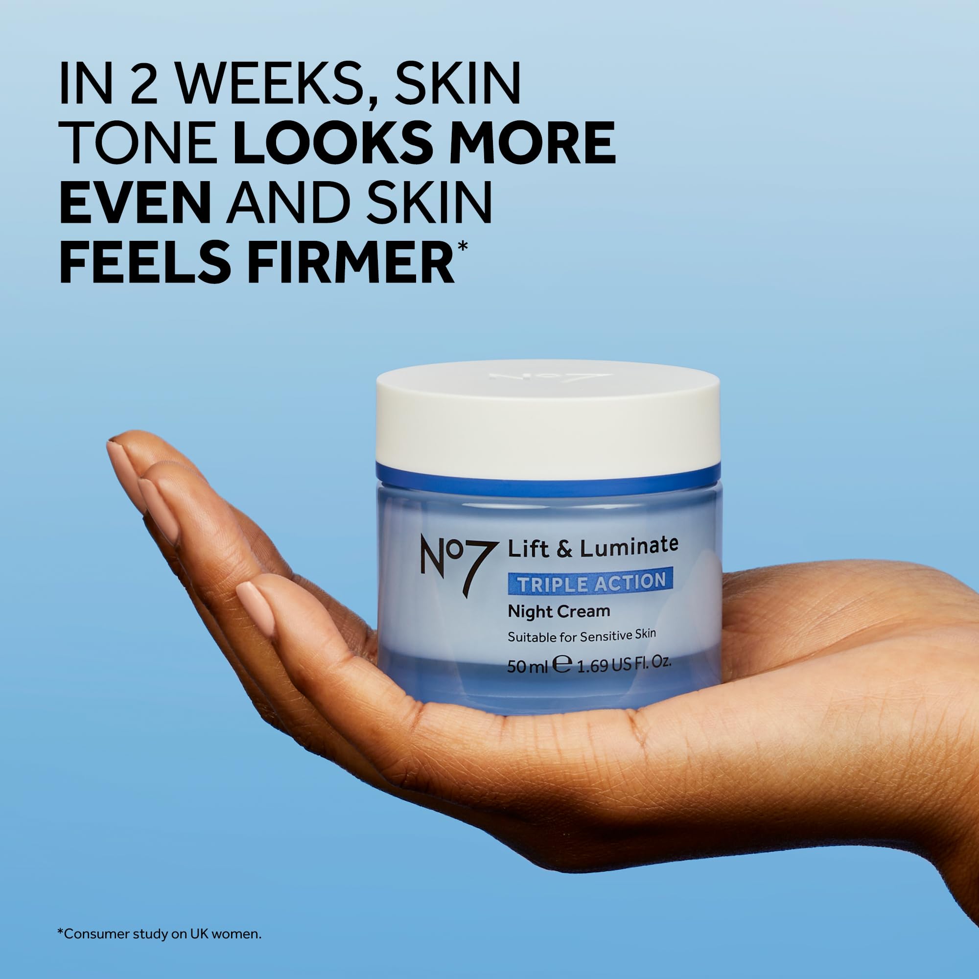 Fragrance-free No7 Lift and Luminate packaging shows gentle nightly care.