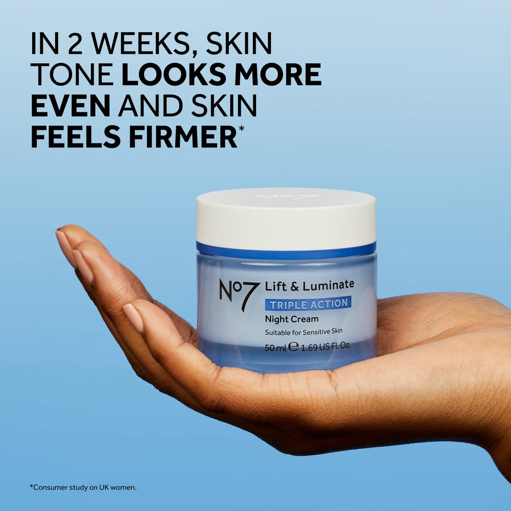 Fragrance-free No7 Lift and Luminate packaging shows gentle nightly care.