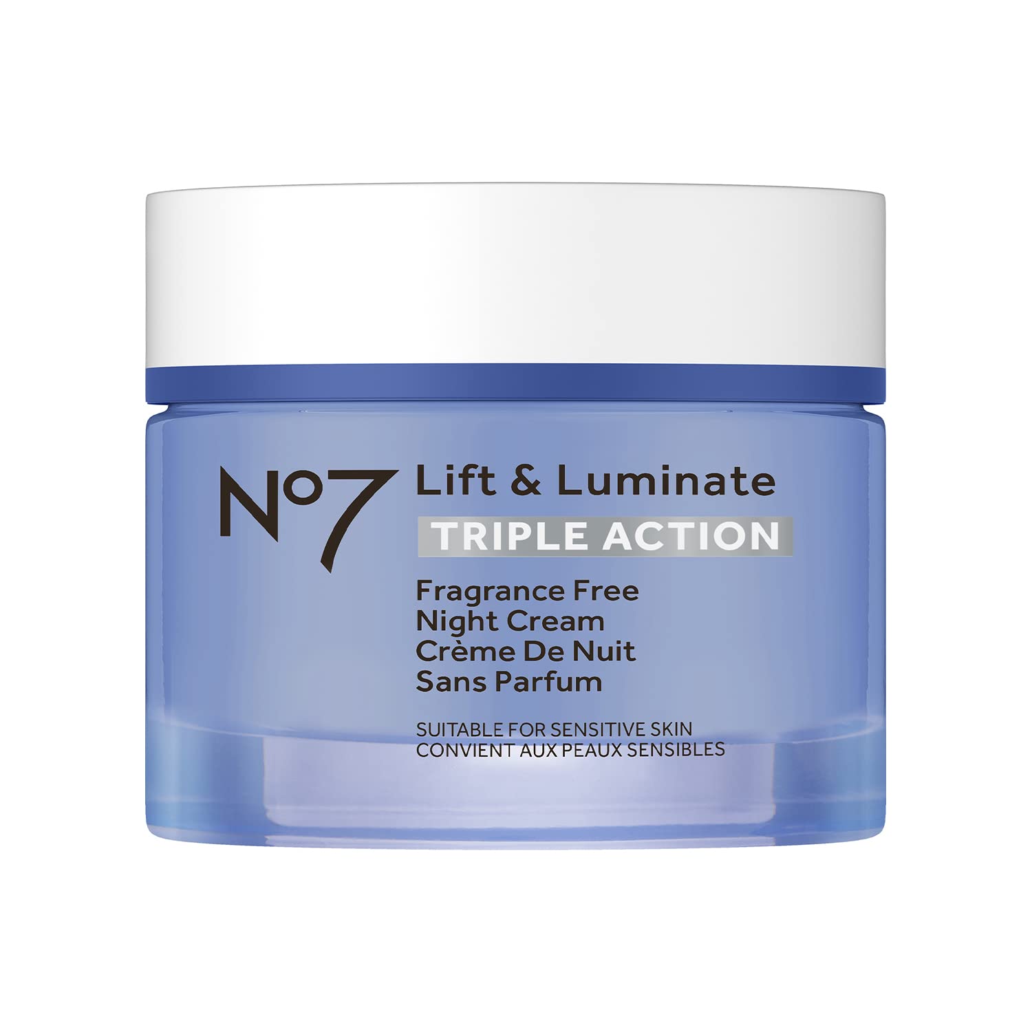 No7 Lift and Luminate night cream jar highlights rich texture for brighter skin.
