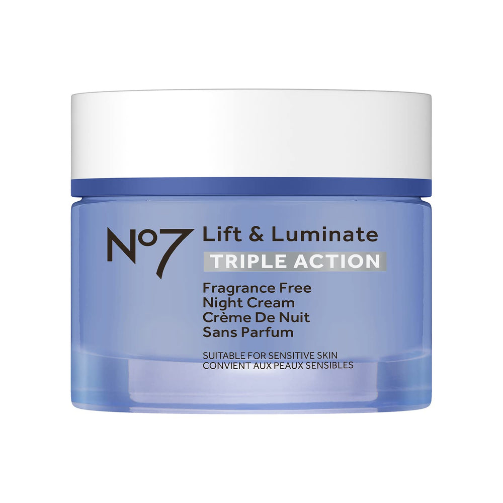No7 Lift and Luminate night cream jar highlights rich texture for brighter skin.