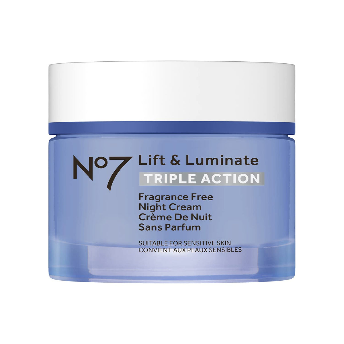 No7 Lift and Luminate night cream jar highlights rich texture for brighter skin.