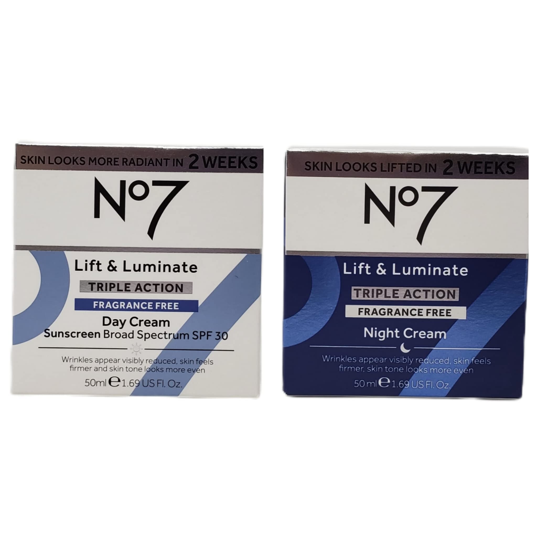 No.7 Lift Luminate Day Cream bottle with SPF 30 for daytime protection and glow