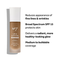 No7 Lift & Luminate foundation closeup glow emphasizes hydrated, luminous skin.