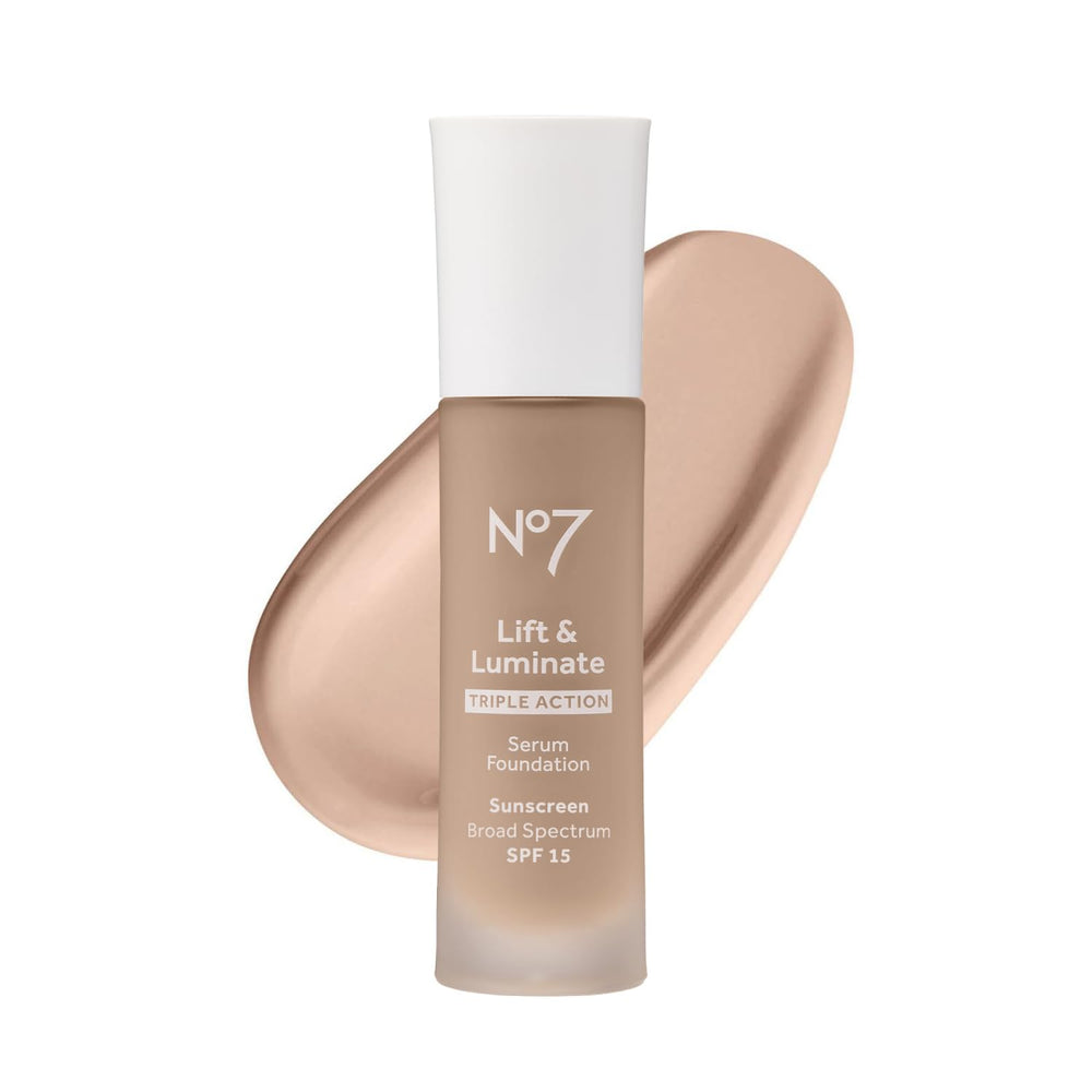 No7 Lift & Luminate foundation porcelain bottle with dewy glow