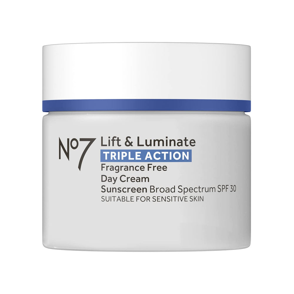 No7 Lift & Luminate packaging close-up highlighting fragrance-free SPF 30 moisturizer