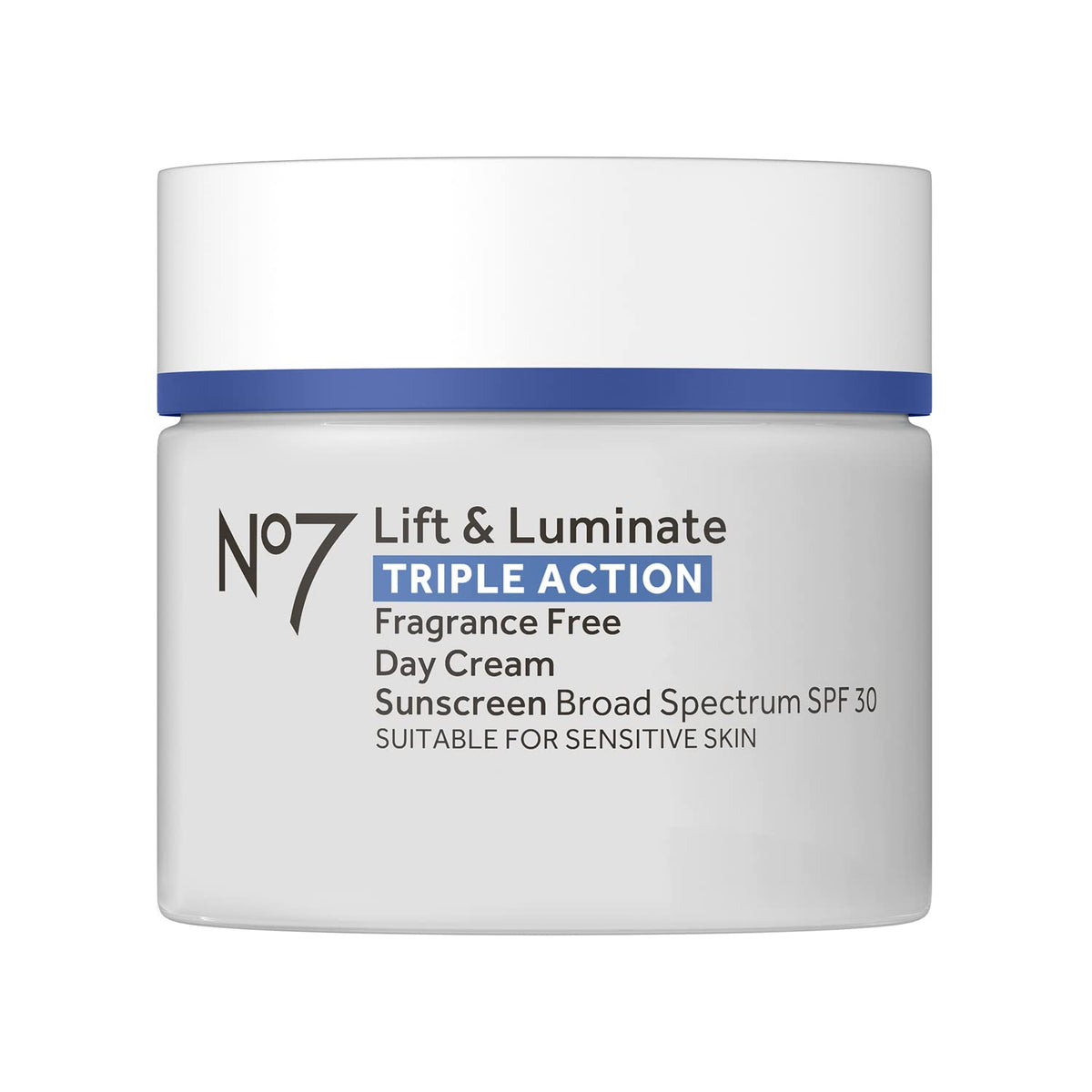 No7 Lift & Luminate packaging close-up highlighting fragrance-free SPF 30 moisturizer