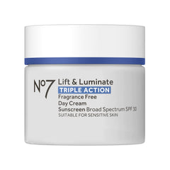 No7 Lift & Luminate packaging close-up highlighting fragrance-free SPF 30 moisturizer