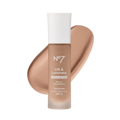 No7 Lift & Luminate serum foundation bottle showing dewy base and blurring benefits.