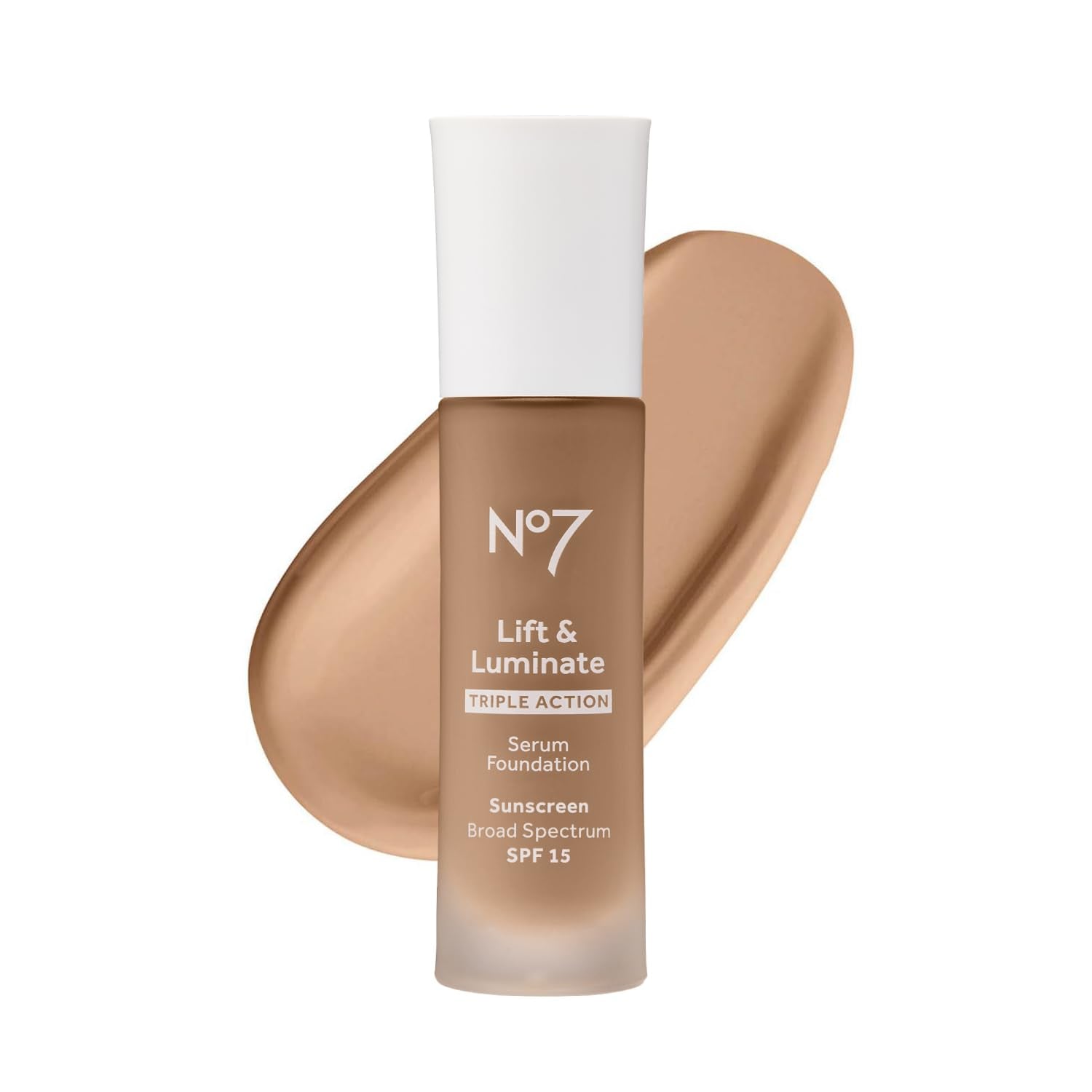 No7 Lift & Luminate bottle-pour demonstrates easy dispensing for a smooth glow base.
