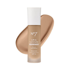 No7 Lift & Luminate foundation Honey bottle shows dewy, radiant finish.