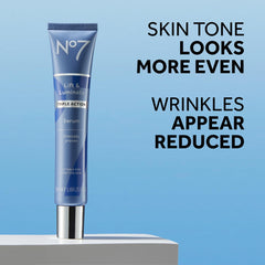 No7 Lift & Luminate serum pump-action dispenses product for easy application.