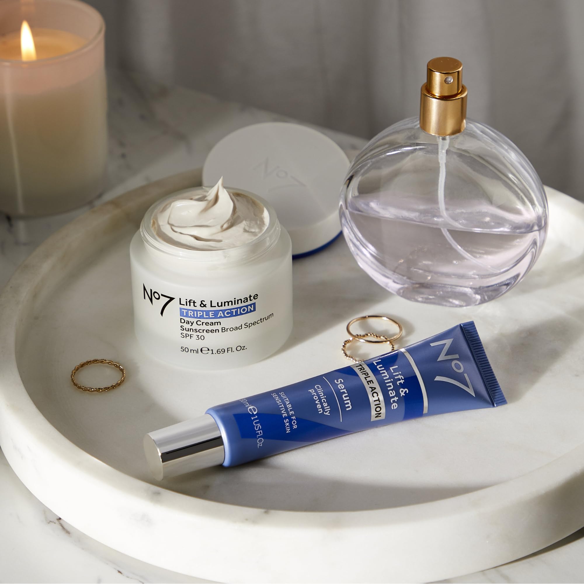 No7 Lift & Luminate serum quick-absorption supports layering in routines.