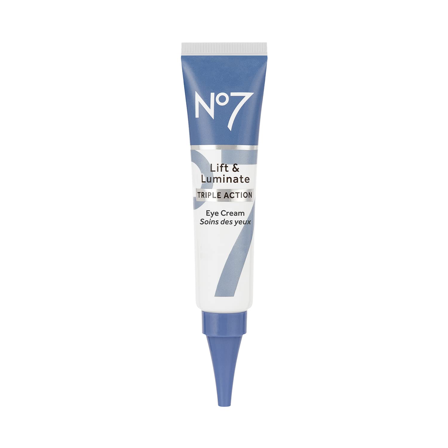 No7 Lift & Luminate bottle closeup highlighting brightening under-eye formula.