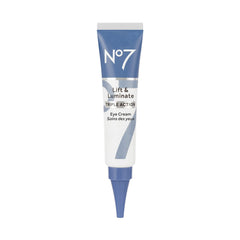 No7 Lift & Luminate bottle closeup highlighting brightening under-eye formula.