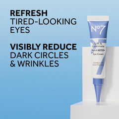 No7 Lift & Luminate tube front displaying vitamin C brightening action for tired eyes.