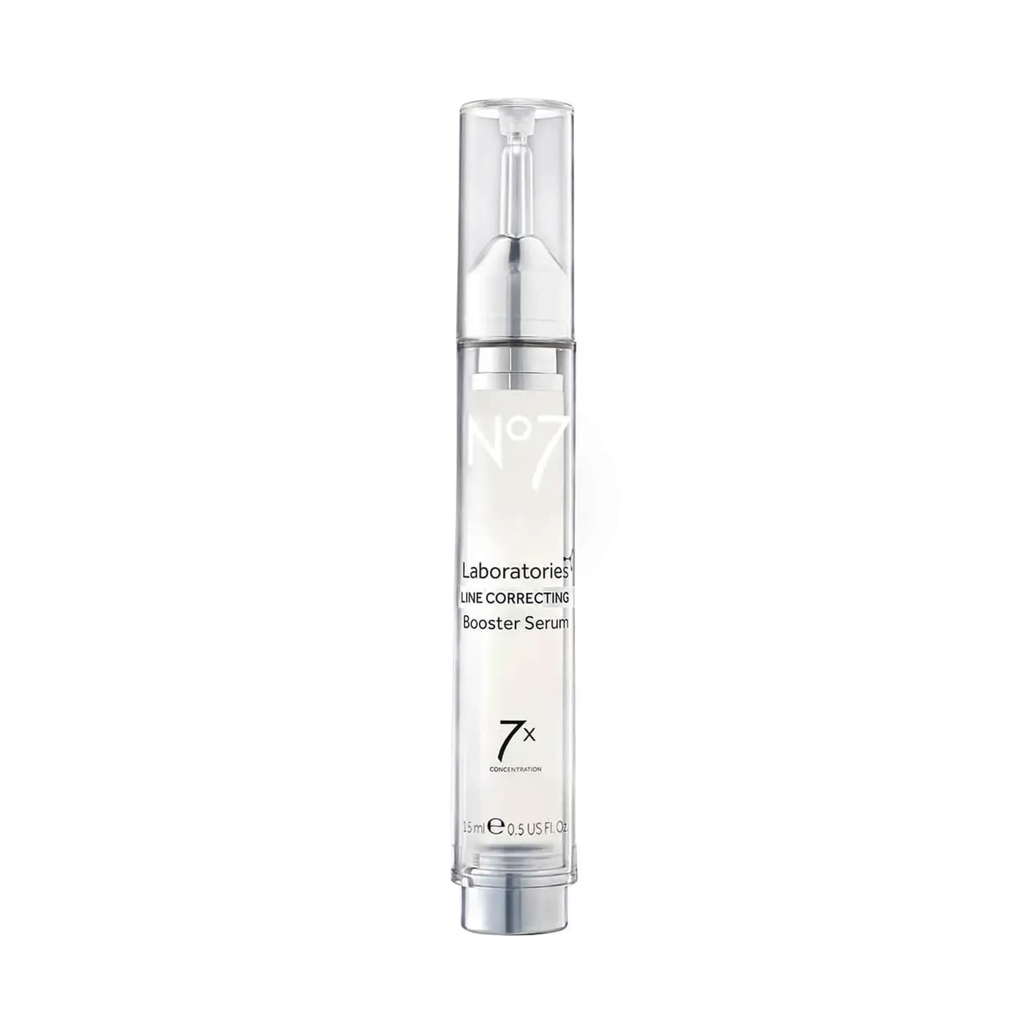 No7 Line Correcting Booster Serum bottle close-up showing premium packaging for radiant skin.