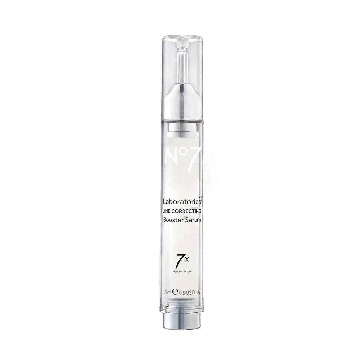 No7 Line Correcting Booster Serum bottle close-up showing premium packaging for radiant skin.