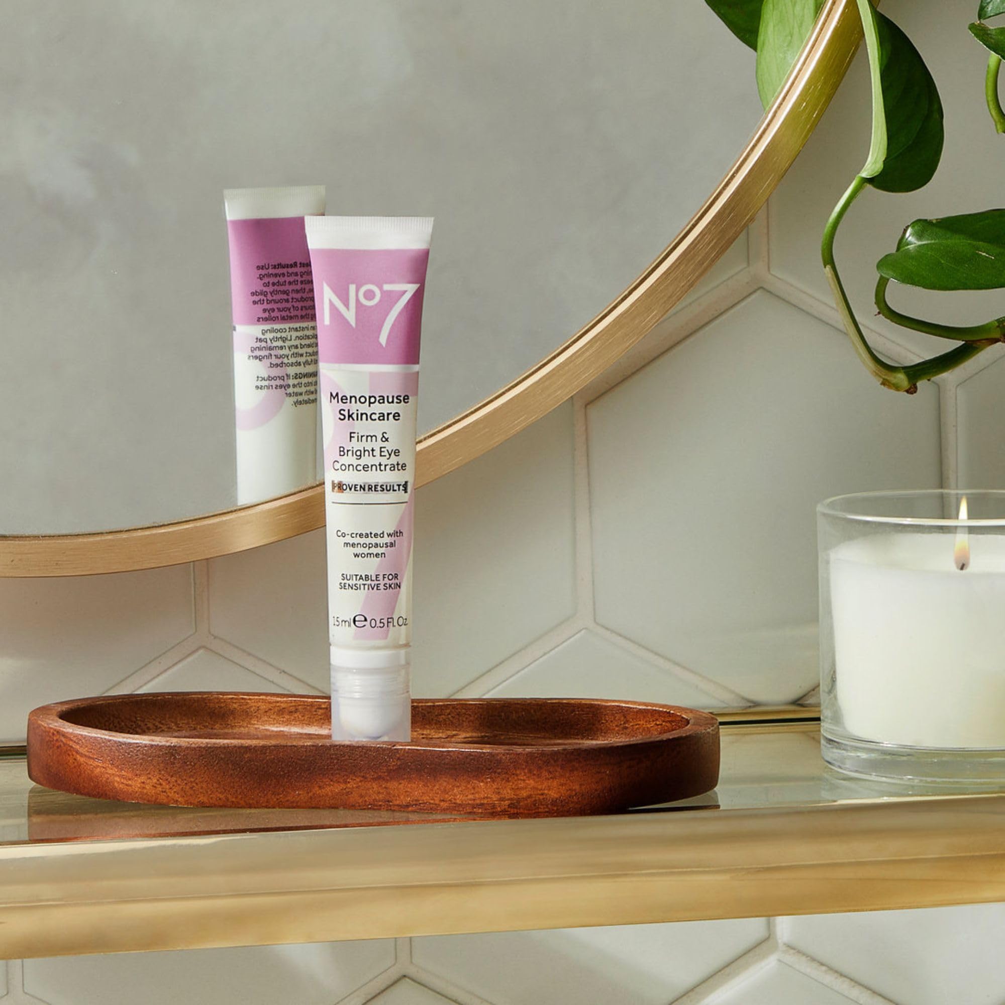 No7 menopause eye concentrate packaging and label close-up emphasizing brand trust