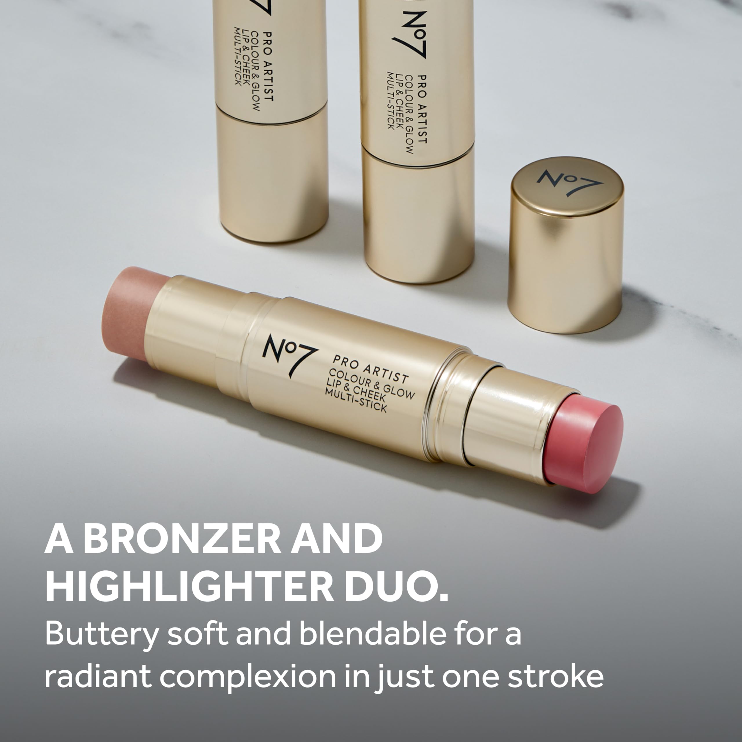 Dual-ended design for seamless application on cheeks, lips, and eyes.