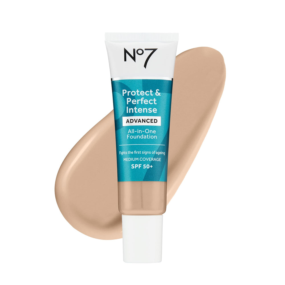 No7 Protect and Perfect Calico bottle close-up showing hydrating foundation for a smooth finish.