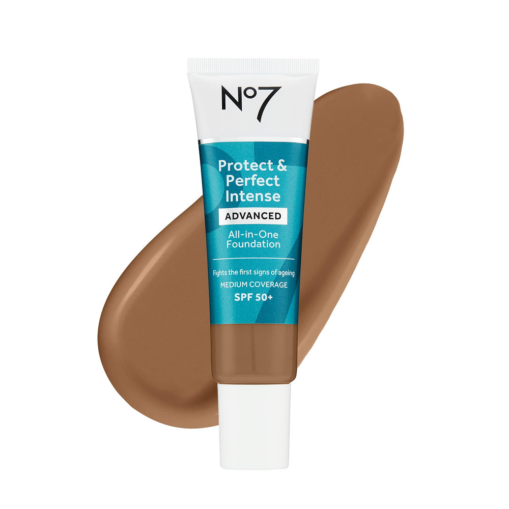 No7 Protect and Perfect Advanced Foundation Deeply Bronze bottle with SPF 50, for daily sun protection