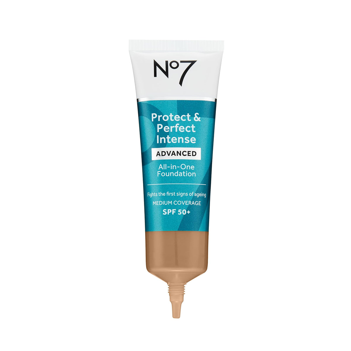 No7 Protect and Perfect foundation Deep Honey bottle front view for buildable coverage