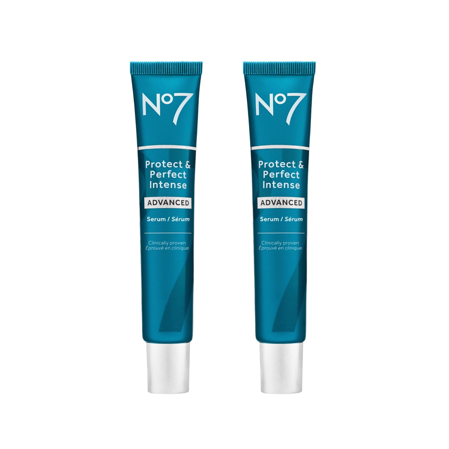 No7 Protect & Perfect Intense Advanced Serum bottle closeup showing hydration and anti-aging benefits
