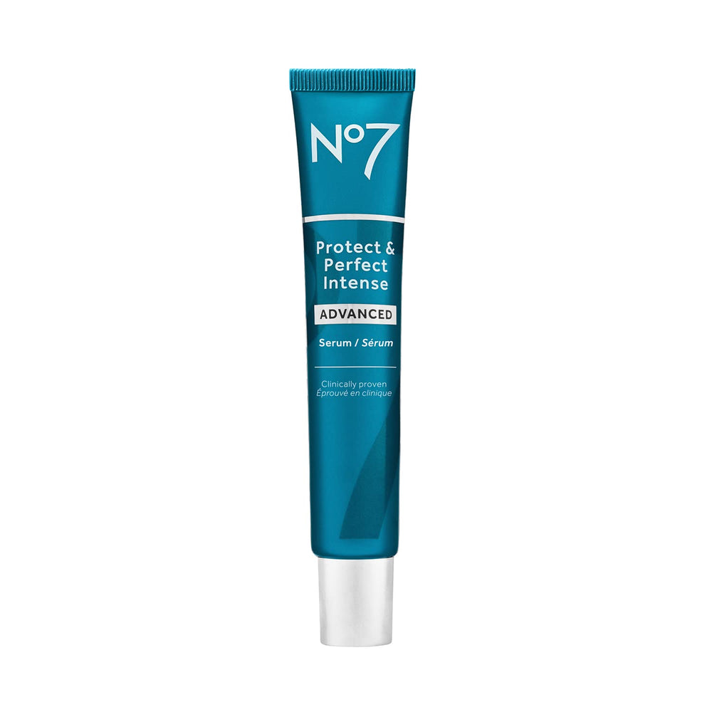 No7 Protect and Perfect Serum bottle close-up showing hydration and anti-aging benefits.