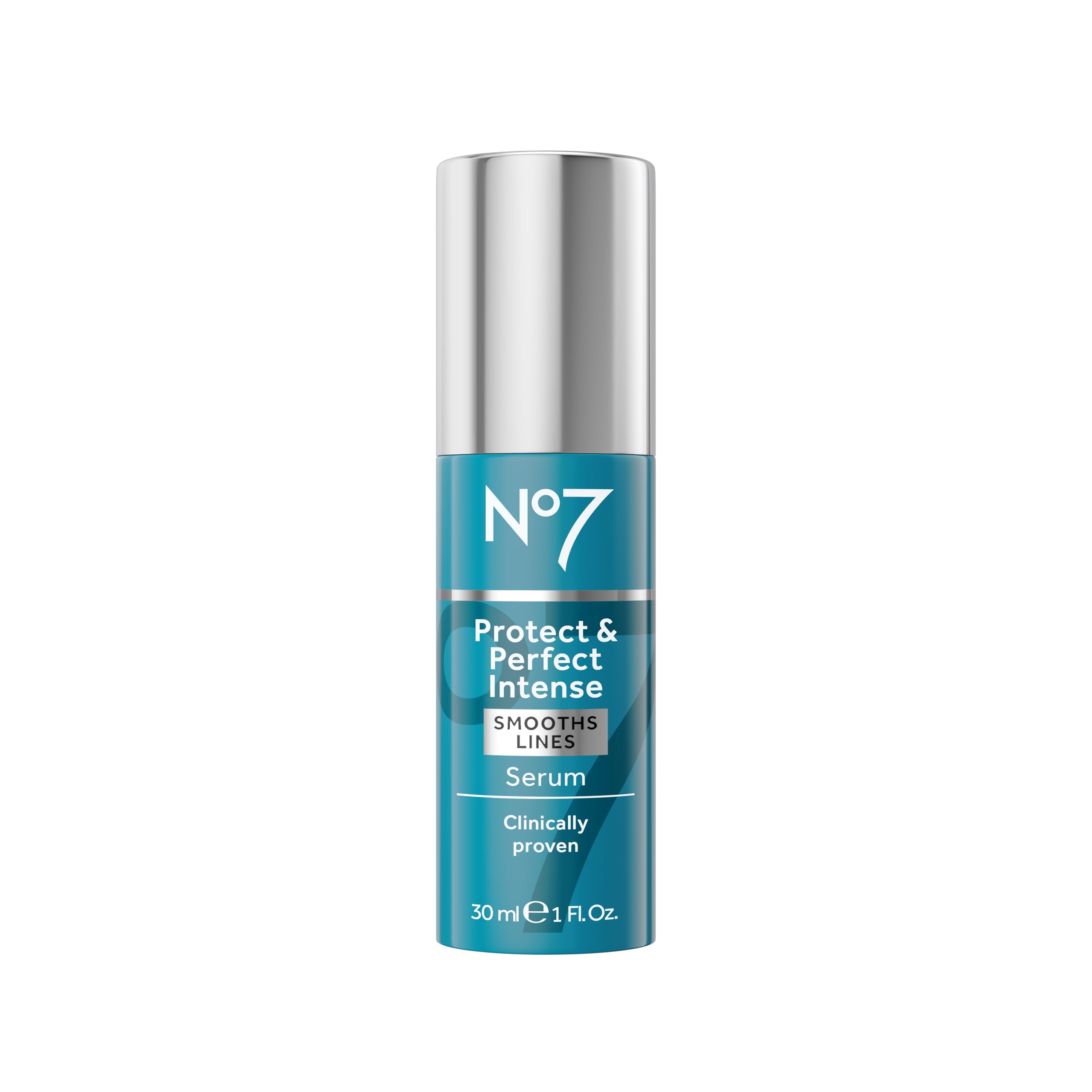 No7 Protect & Perfect Intense Advanced Serum bottle shows hydrating anti-aging technology for firmer, smoother skin.