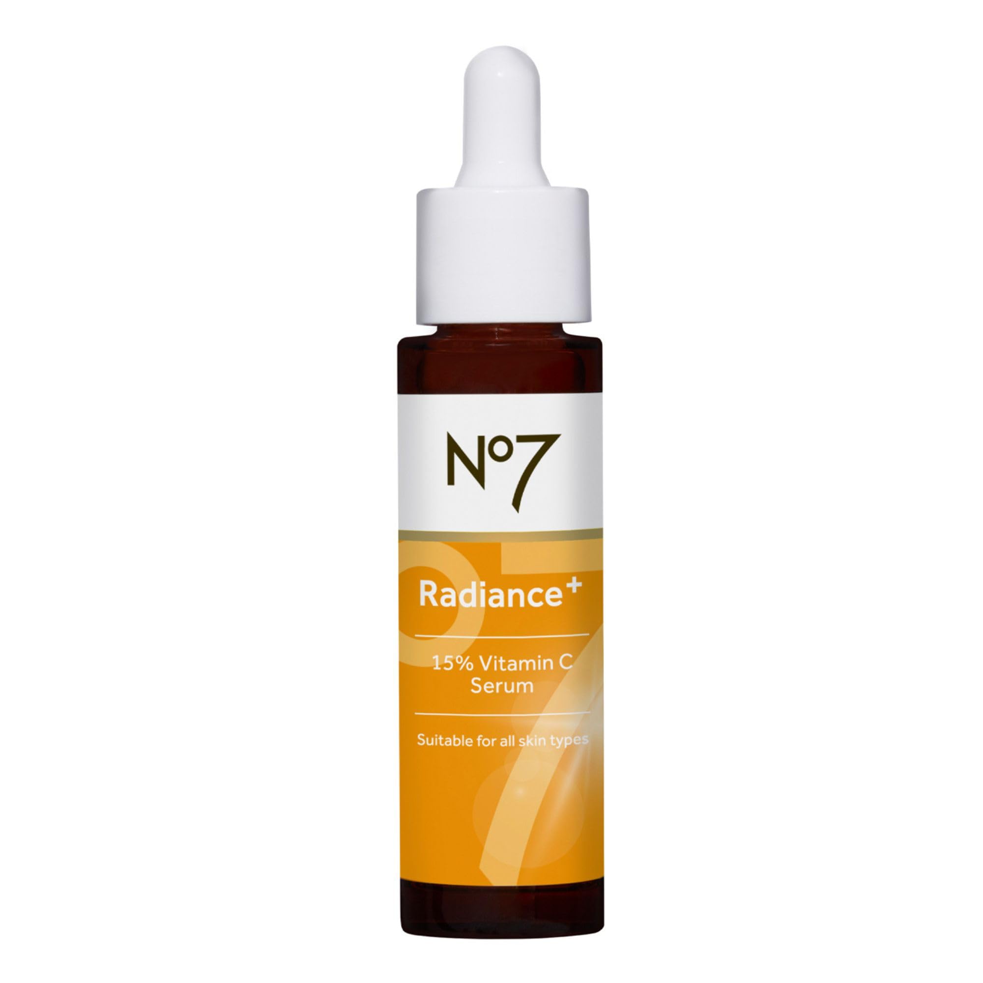 No7 Radiance+ serum bottle showing brightening potential.