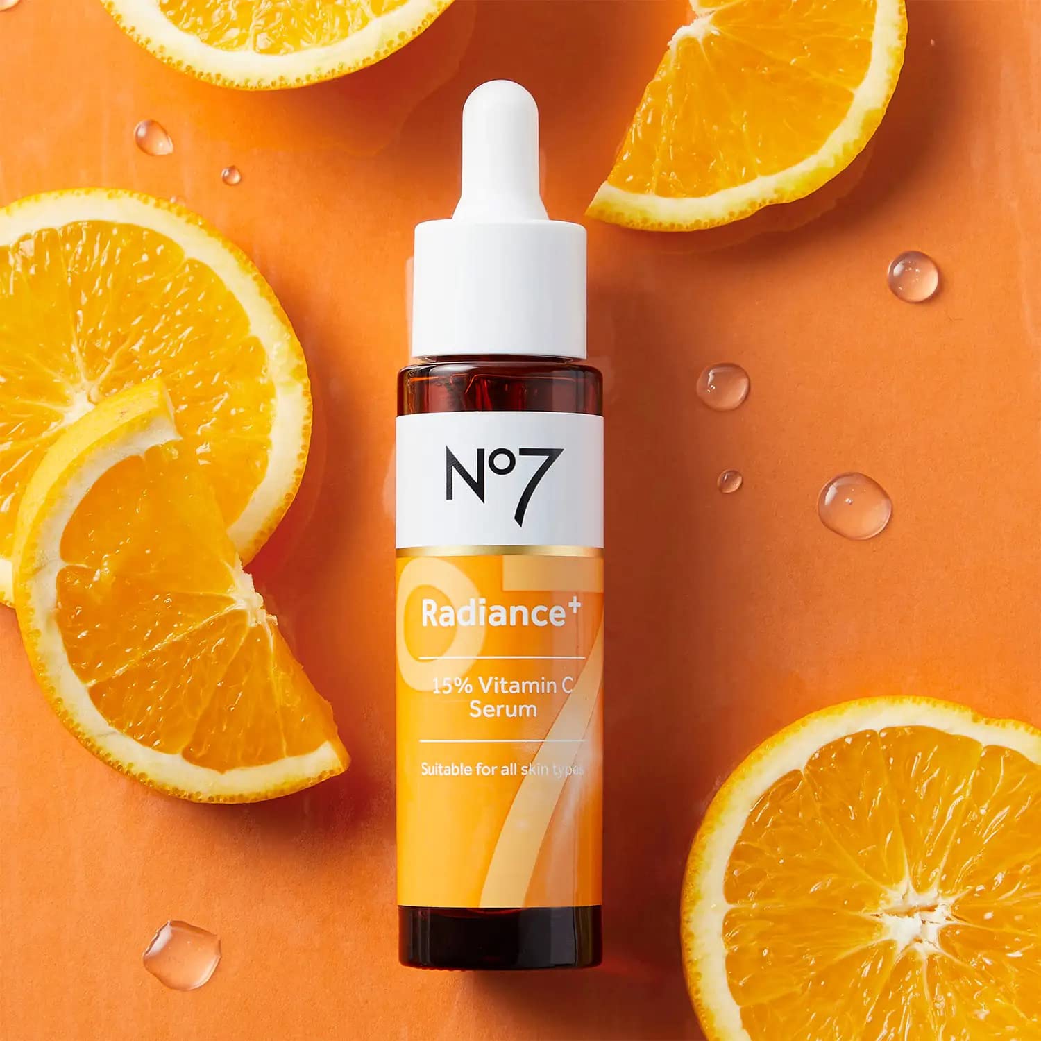 No7 Radiance+ gel-texture serum gliding over skin.