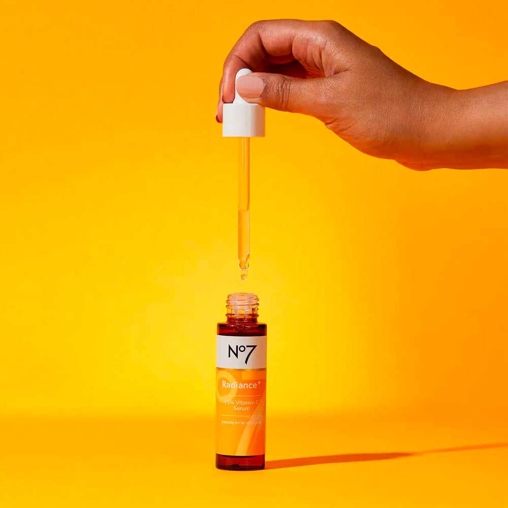 No7 Radiance+ serum on skin for a healthy glow.