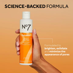 Close-up of No7 Radiance+ Toner bottle highlighting the brightening formula.