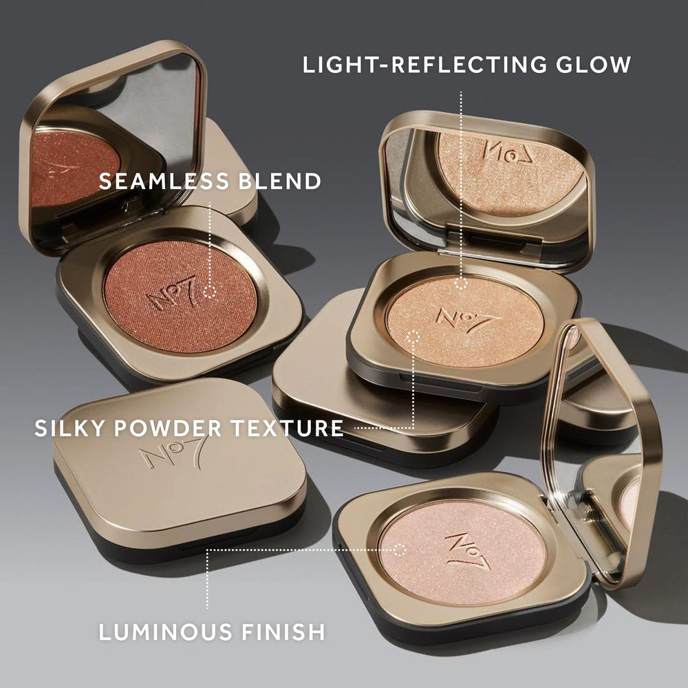 No7 Radiant Glow Powder Highlighter Pink Silk enhances the eye area with cohesive shimmer.