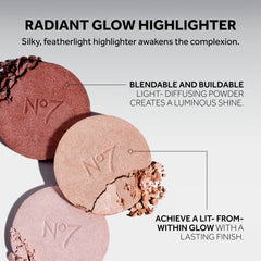 No7 Radiant Glow Powder Highlighter Pink Silk brightens the nose bridge with a soft shimmer.