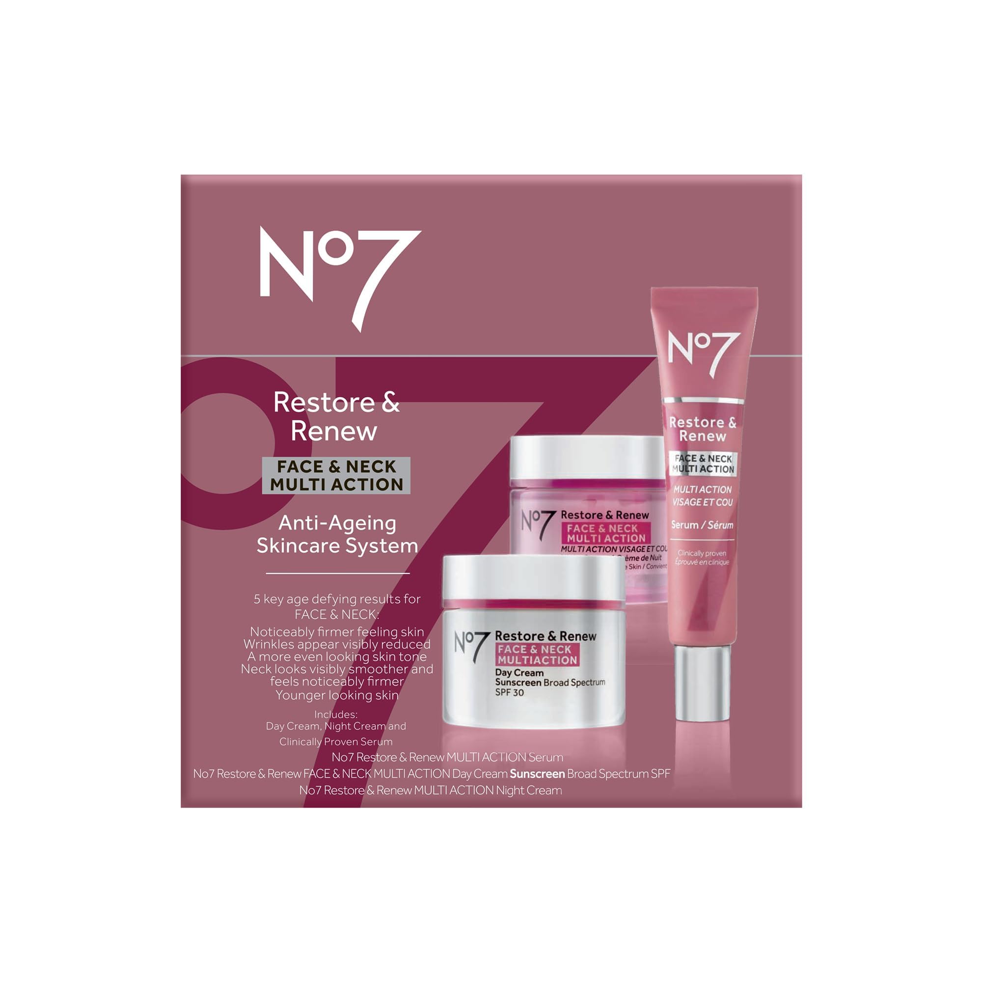 No7 Restore & Renew day cream SPF 30 providing hydration and daily protection.