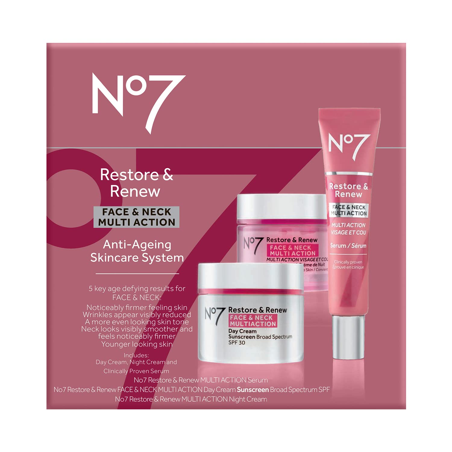 No7 Restore and Renew Dual-Action Serum targets face and neck for a more even look.