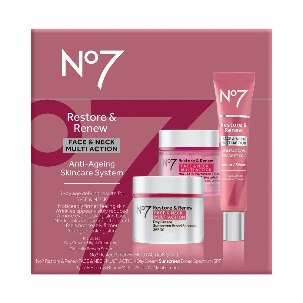 No7 Restore and Renew Dual-Action Serum targets face and neck for a more even look.