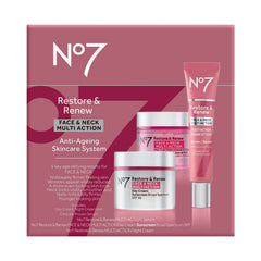 No7 Restore and Renew Dual-Action Serum targets face and neck for a more even look.