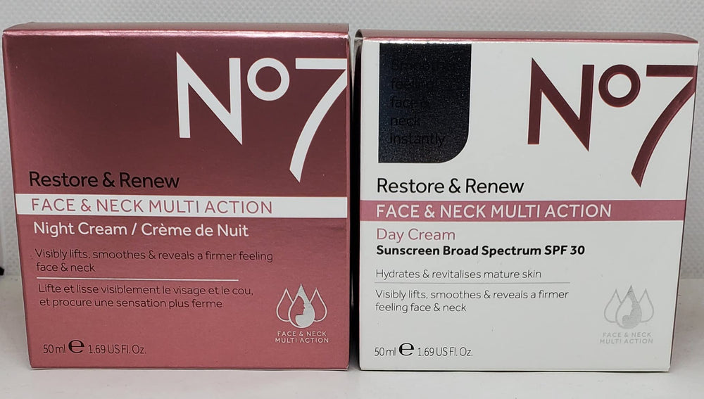 No7 Restore and Renew face and neck day and night creams duo pack for daily hydration