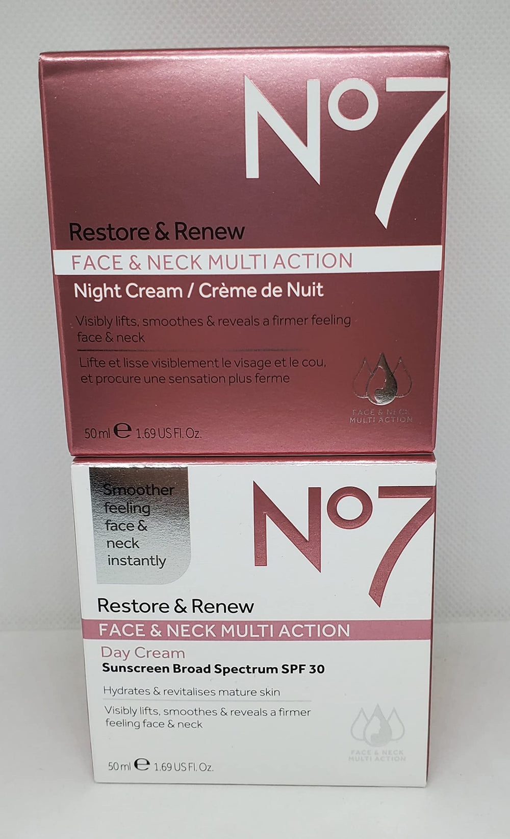 No7 Restore and Renew face and neck creams close-up showing smooth, hydrated skin